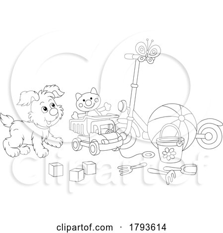 Cartoon Puppy with Childrens Toys in Black and White by Alex Bannykh