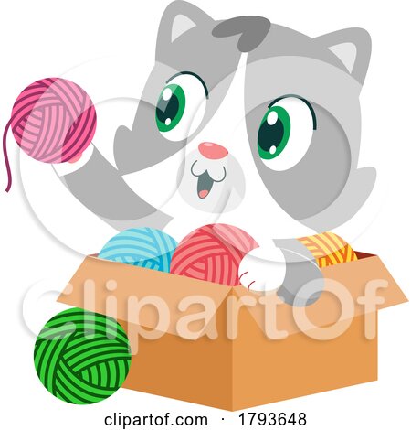 Cartoon Cute Cat with a Box of Yarn by Hit Toon