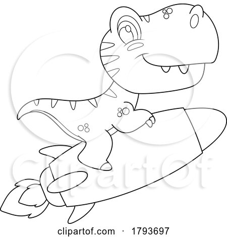 Cartoon Black and White Cute Dinosaur Flying on a Rocket by Hit Toon