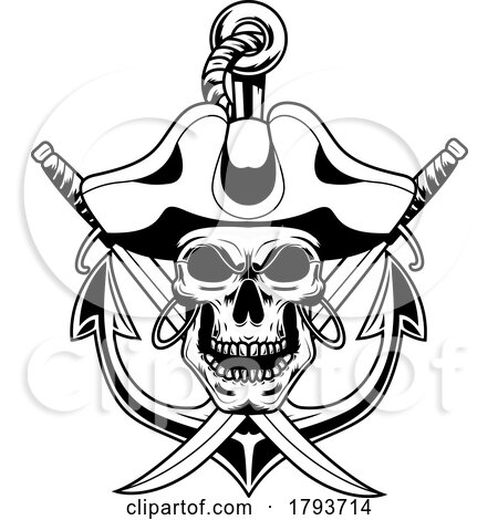 Black and White Pirate Skull over Crossed Swords and an Anchor by Hit Toon