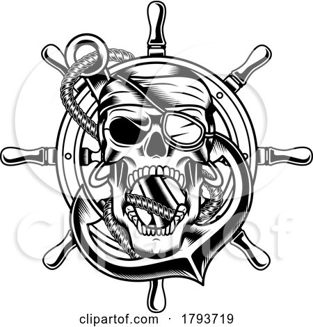 Black and White Pirate Skull over a Helm and Anchor by Hit Toon