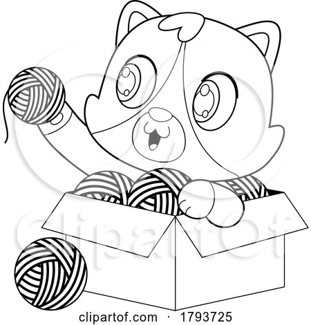 Cartoon Black and White Cute Cat with a Box of Yarn by Hit Toon