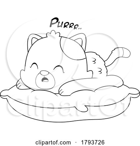 Cartoon Black and White Cute Cat Purring on a Pillow by Hit Toon