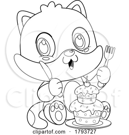 Cartoon Black and White Cute Cat with a Cake by Hit Toon