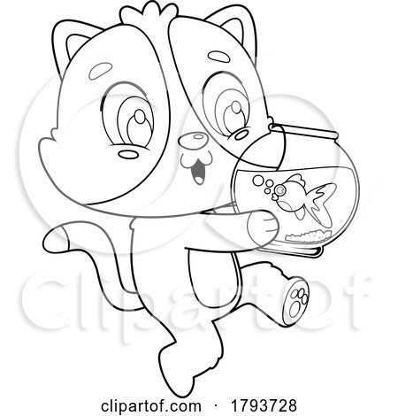 Cartoon Black and White Cute Cat Carrying a Fish Bowl by Hit Toon