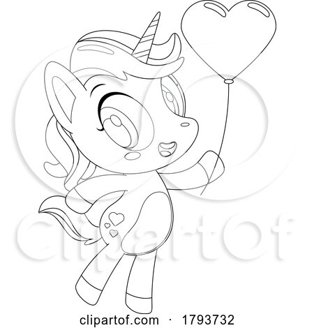Cartoon Black and White Cute Unicorn with a Heart Balloon by Hit Toon
