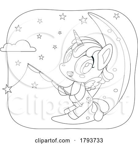 Cartoon Black and White Cute Unicorn Fishing on a Crescent Moon by Hit Toon