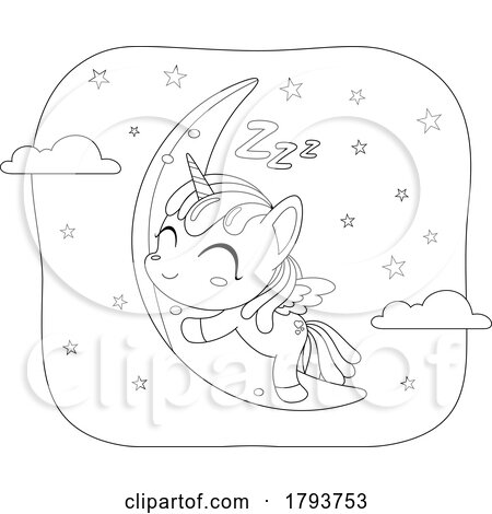 Cartoon Black and White Cute Unicorn Sleeping on a Crescent Moon by Hit Toon