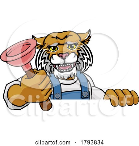 Wildcat Plumber Cartoon Mascot Holding Plunger by AtStockIllustration