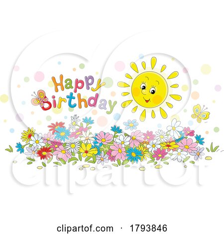 Cartoon Sun Flowers and Happy Birthday Greeting by Alex Bannykh