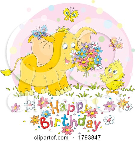 Cartoon Elephant Chick and Happy Birthday Greeting by Alex Bannykh
