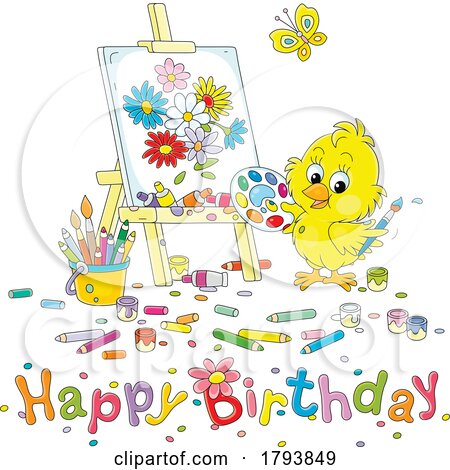 Cartoon Artist Chick and Happy Birthday Greeting by Alex Bannykh