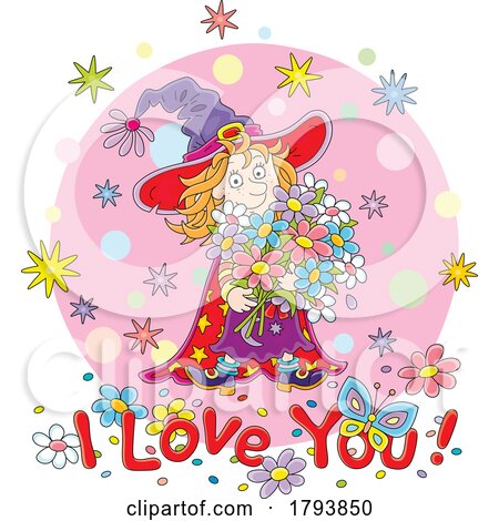Cartoon Witch Girl and I Love You Text by Alex Bannykh