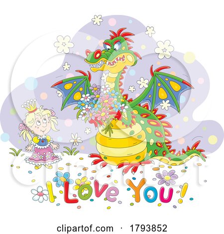 Cartoon Princess and Dragon with I Love You Text by Alex Bannykh