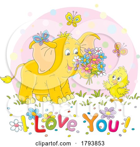 Cartoon Elephant Chick and I Love You Text by Alex Bannykh