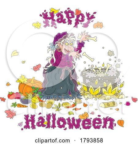 Cartoon Witch and Happy Halloween Greeting by Alex Bannykh