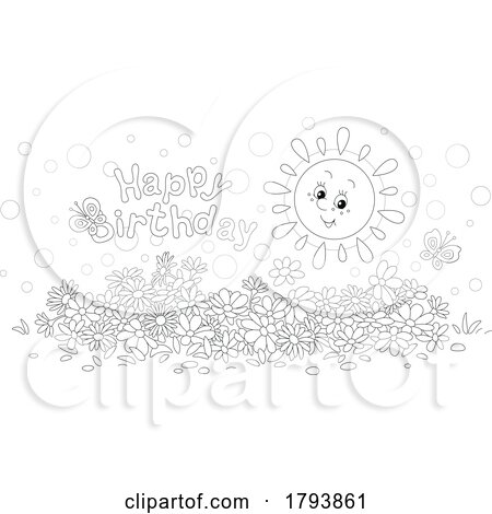Cartoon Black and White Sun Flowers and Happy Birthday Greeting by Alex Bannykh