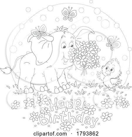 Cartoon Black and White Elephant Chick and Happy Birthday Greeting by Alex Bannykh