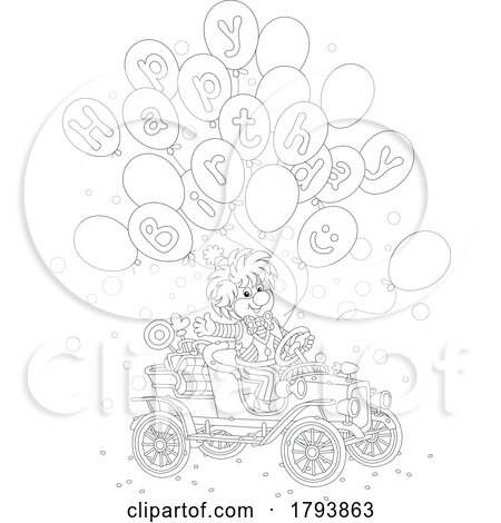 Cartoon Black and White Clown and Happy Birthday Greeting by Alex Bannykh
