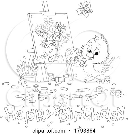 Cartoon Black and White Artist Chick and Happy Birthday Greeting by Alex Bannykh