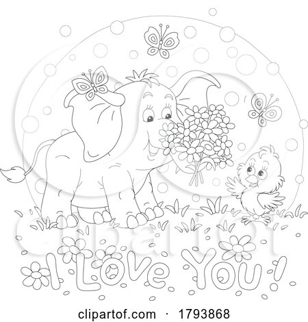 Cartoon Black and White Elephant Chick and I Love You Text by Alex Bannykh