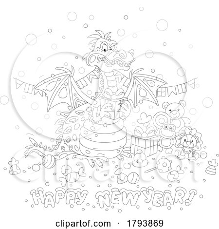 Cartoon Black and White Happy New Year Greeting Dragon by Alex Bannykh