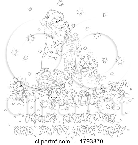 Cartoon Black and White Santa and Merry Christmas and Happy New Year Greeting by Alex Bannykh