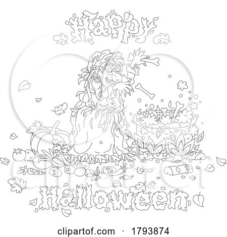 Cartoon Black and White Witch and Happy Halloween Greeting by Alex Bannykh