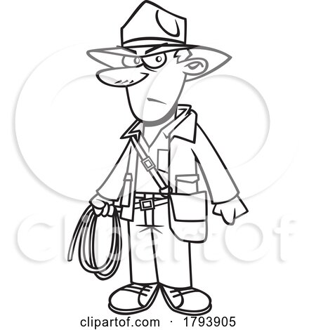 Clipart Black and White Cartoon Indian Jones Holding a Bullwhip by toonaday