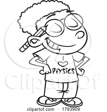Clipart Black and White Cartoon School Boy in an I Love Physics Shirt by toonaday