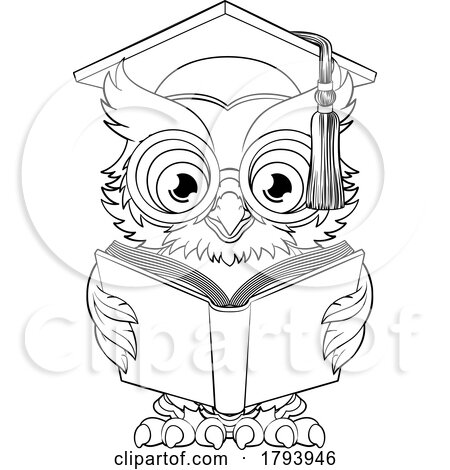 Wise Owl Cartoon Old Teacher Reading Book by AtStockIllustration