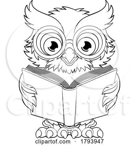Wise Old Owl Cartoon Cute Character Reading Book by AtStockIllustration