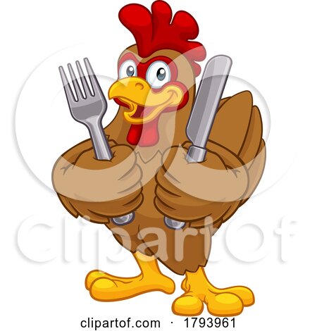 Chicken Rooster Cockerel Knife and Fork Cartoon by AtStockIllustration