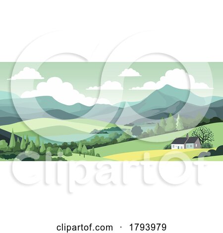 Fields Hills Farm House Landscape Background by AtStockIllustration
