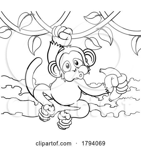 Monkey Singing on Jungle Vines with Banana Cartoon by AtStockIllustration