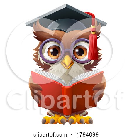 Wise Owl Cartoon Cute Professor Reading Book by AtStockIllustration