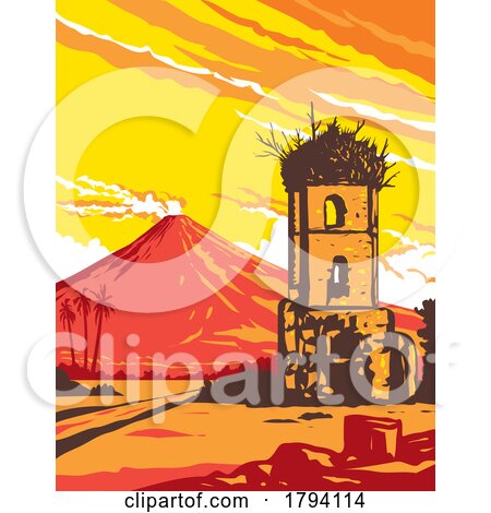 Mayon Volcano and Cagsawa Ruins Bell Tower Albay Philippines WPA Art Deco Poster by patrimonio