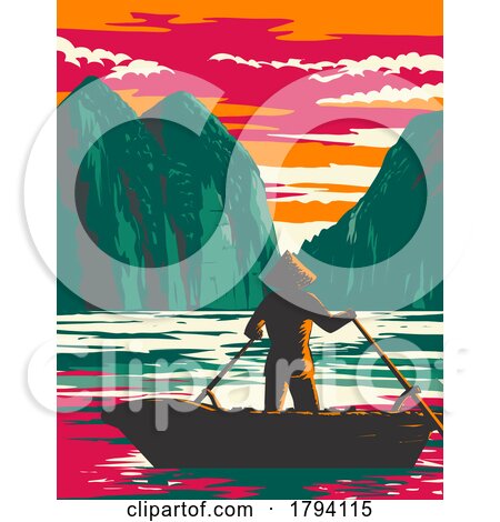 Ha Long Bay or Halong Bay with Boat Vendor Vietnam WPA Art Deco Poster by patrimonio