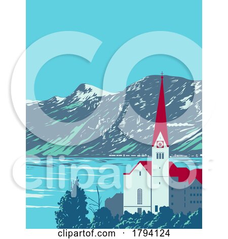 Lake Hallstatt with Salzkammergut Mountains in Austria WPA Art Deco Poster by patrimonio