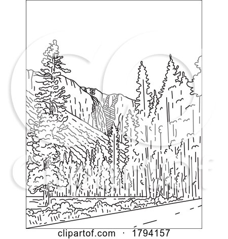 Bridalveil Fall in Yosemite Valley Yosemite National Park Mono Line Art by patrimonio