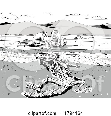 Archeologist Digging up Fossil of Prehistoric Dinosaur Comics Style Drawing by patrimonio