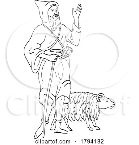 Medieval Shepherd or Sheepherder with Staff and Sheep Medieval Style Line Art Drawing by patrimonio