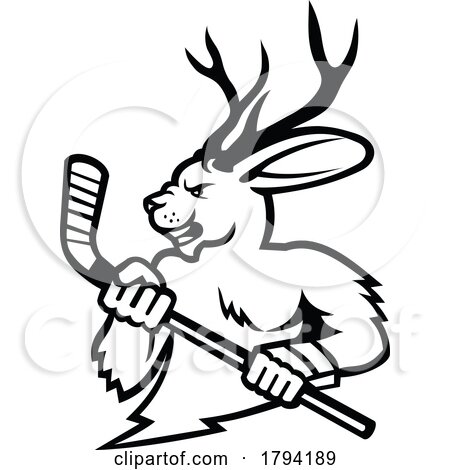 Jackalope with Ice Hockey Stick Mascot Black and White by patrimonio