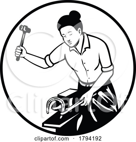 Female Blacksmith Farrier Working on Horseshoe Anvil Front View Retro Mascot by patrimonio