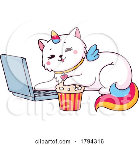 Unicorn Cat Watching a Movie on a Laptop by Vector Tradition SM
