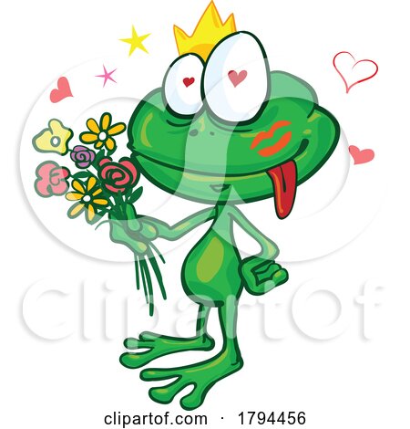 Cartoon Prince Frog Holding Flowers for His Love by Domenico Condello