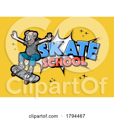 Cartoon Crazy Old Skater Dude with Skate Skool Text on Yellow by Domenico Condello