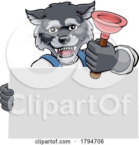 Plumber Wolf Plunger Cartoon Plumbing Mascot by AtStockIllustration