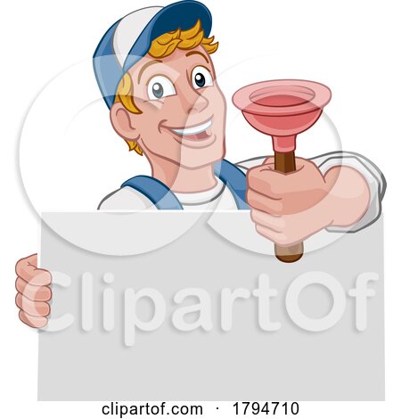 Plumber Plunger Tool Cartoon Plumbing Man Handyman by AtStockIllustration