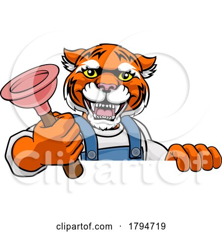 Tiger Plumber Cartoon Mascot Holding Plunger by AtStockIllustration